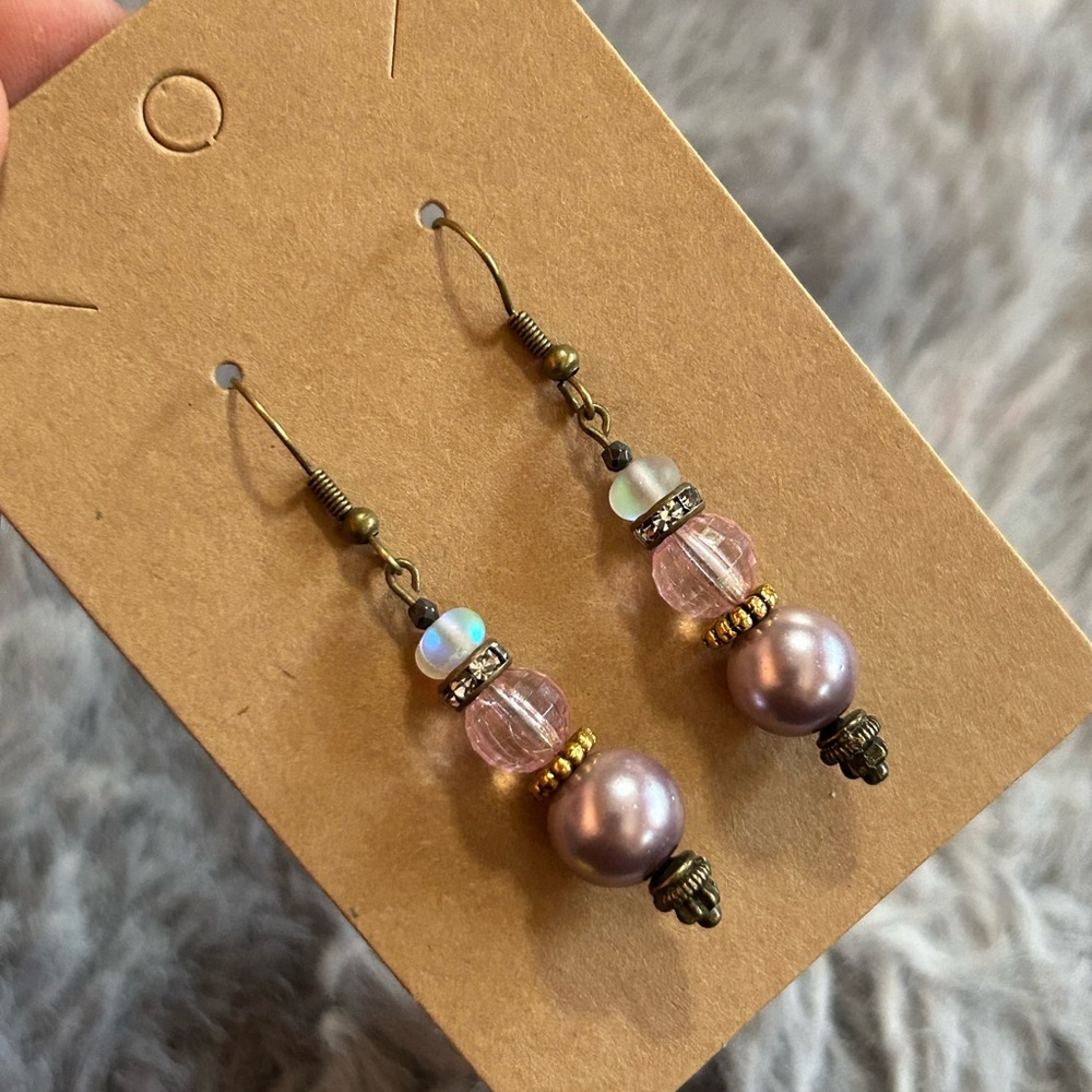 Handcrafted opalite glass vintage bead pearl faceted hematite dangle earrings